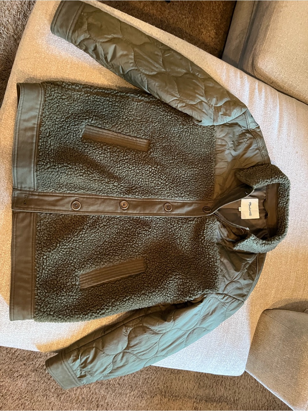Madewell Olive Green Sherpa Jacket with Quilted Sleeves
